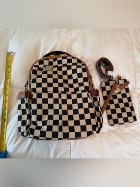 Black Checkerboard Canvas Backpack and Wallet Set - Black & Cream